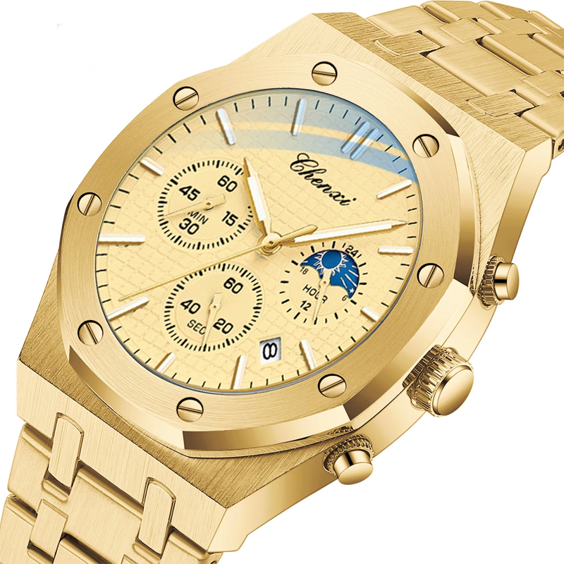 Chenxi CX0728 Chronograph Stainless Steel Sport Wristwatch Men Luminous Wristwatch (Gold)